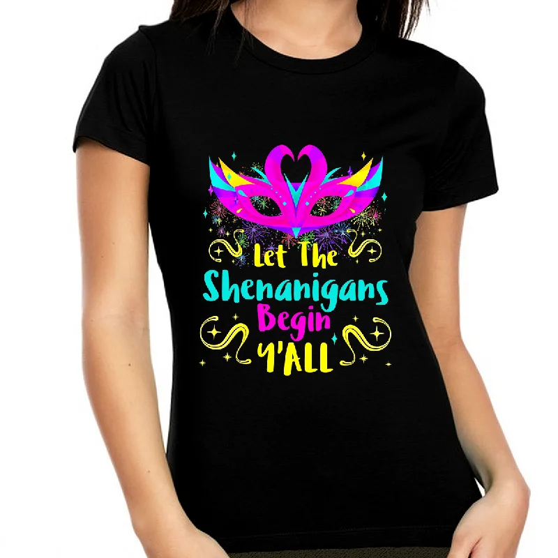 Funny Mardi Gras Shirts for Women Let The Shenanigans Begin Yall New Orleans Mardi Gras Outfit for Women Notch Collar Peter Pan Collar Cowl Neck