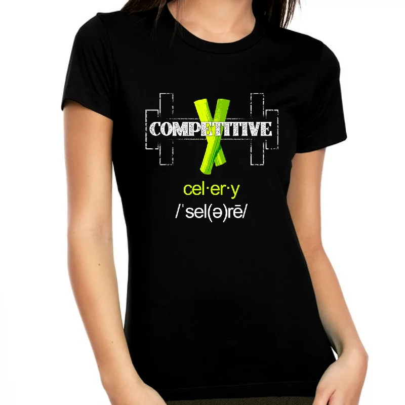 Funny Novelty Competitive Celery Work Out Tops for WOMEN & TEENS - Retro Vintage Graphic Tees Graphic Embroidered Appliqued