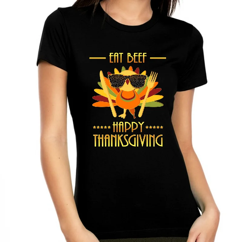 Funny Thanksgiving Shirts for Women Eat Beef Thanksgiving Eat Beef Shirt for Thanksgiving Fall Shirts Notch Collar Peter Pan Collar Cowl Neck