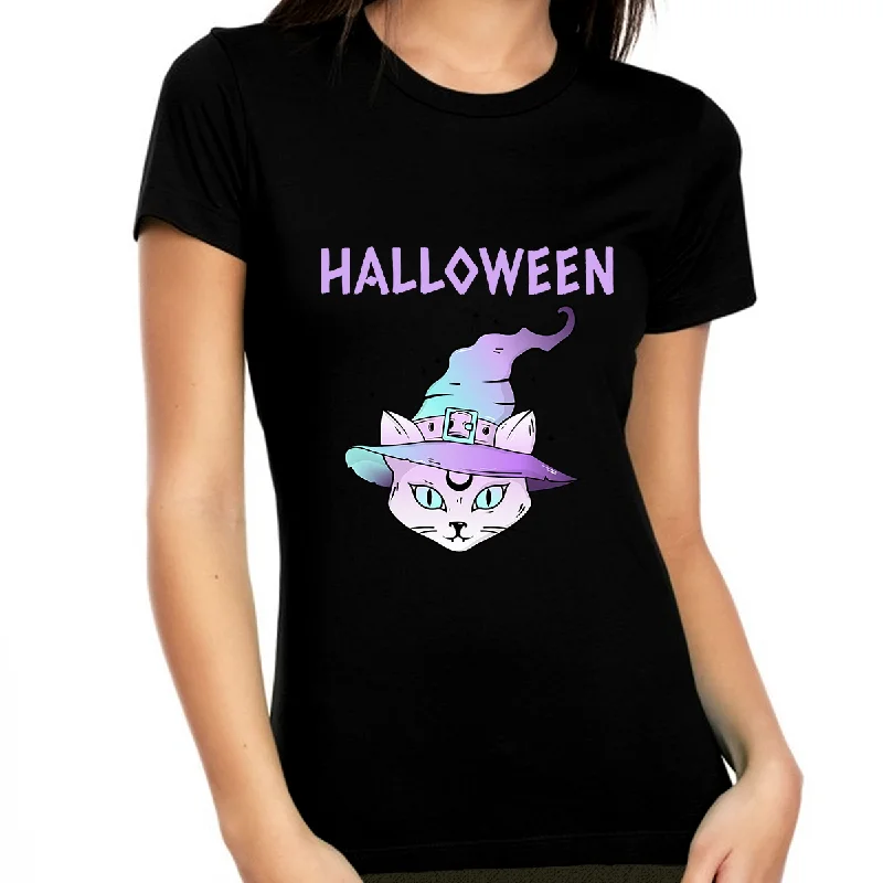 Halloween Cat Halloween Shirts for Women Cat Shirts Womens Halloween Shirts Halloween Clothes for Women Welt Pockets Slit Pockets Flap Pockets