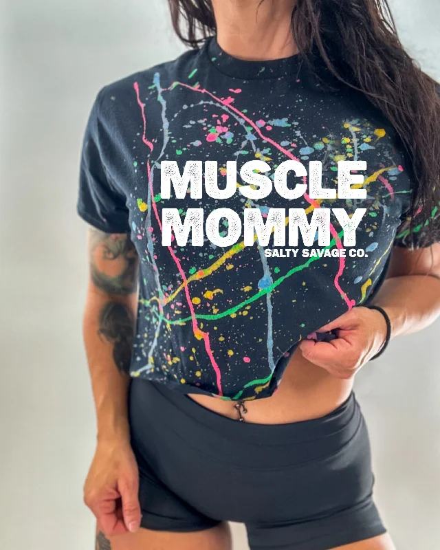 Salty Savage Ladies “MUSCLE MOMMY" Paint Splatter Crop Tee Anti-Shrink Durable Soft