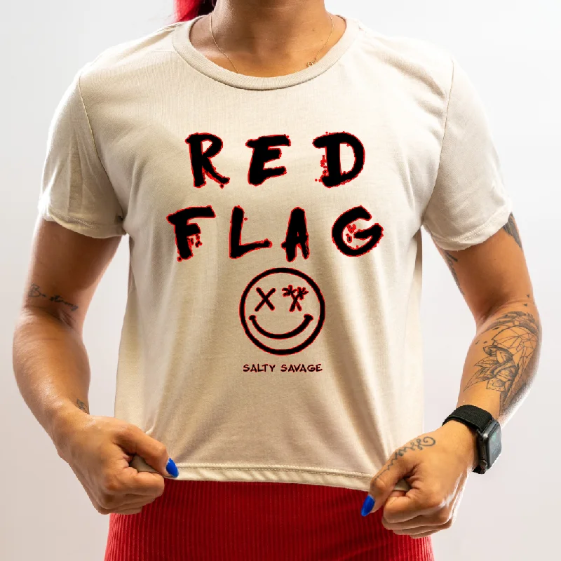 Ladies "RED FLAG" Flowy Crop Tee Handmade Hand-knitted Hand-woven