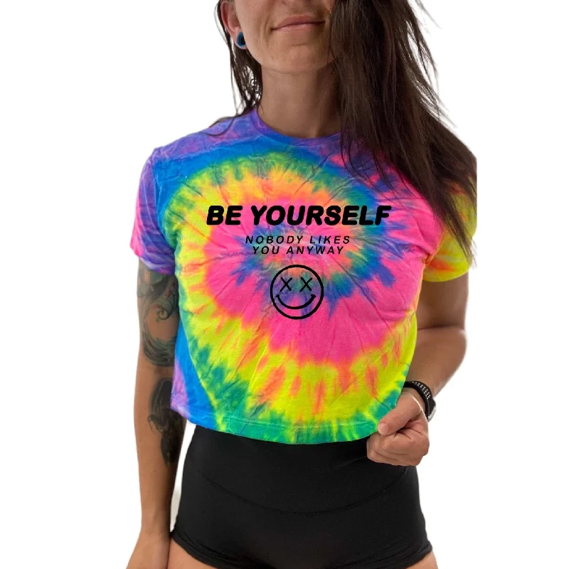 Salty Savage Ladies "Be Yourself, Nobody Likes You Anyway" Spiral Tie Dye Crop Tee Asymmetrical Pockets Print