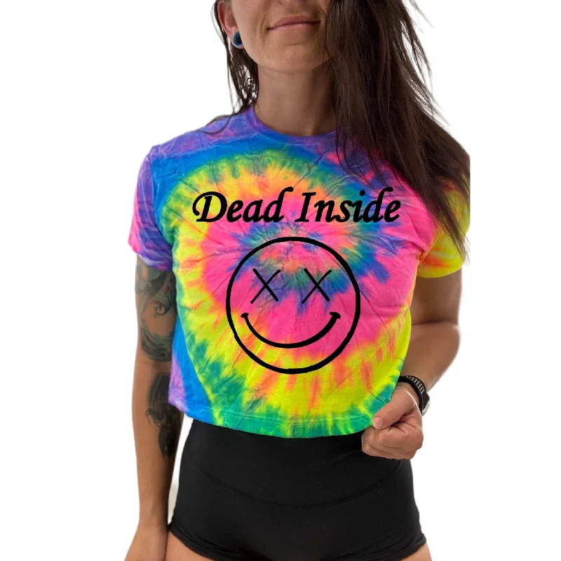 Salty Savage Ladies “Dead Inside” Spiral Tie Dye Crop Tee Mesh Blend Leather Blend Suede Blend