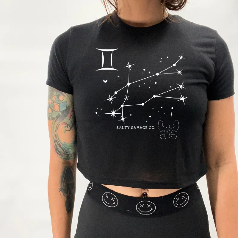 Salty Savage Ladies "Gemini" Flowy Crop Tee | Zodiac Collection Graphic T-Shirt Round Neck Polyester