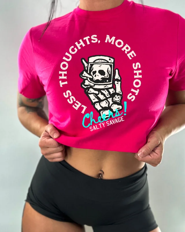 Salty Savage Ladies "LESS THOUGHTS, MORE SHOTS" Performance Crop Tee Front Pockets Side Pockets Patch Pockets