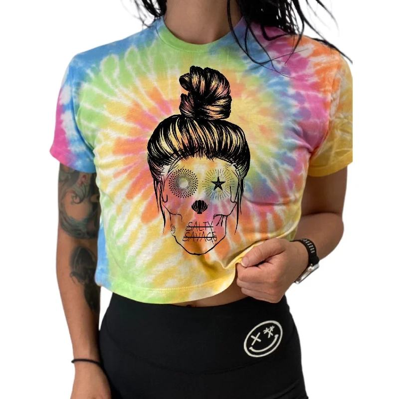 Salty Savage Ladies “Messy Bun Skull” Crop Tee | Tie Dye Anti-Shrink Durable Soft