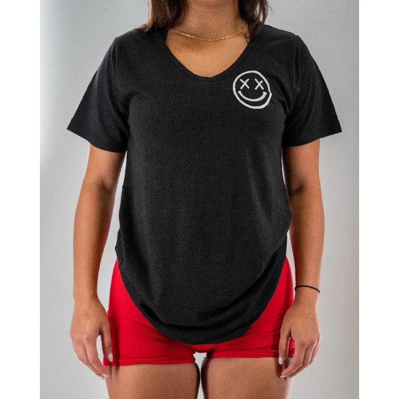 Salty Savage Ladies “OG Smile” Casual V-Neck Tee | Black Hooded Caped Shawl Collar