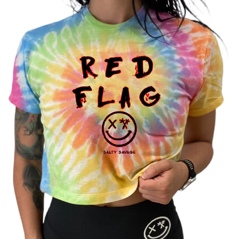 Salty Savage Ladies "RED FLAG" Spiral Tie Dye Crop Tee Modern Contemporary Chic