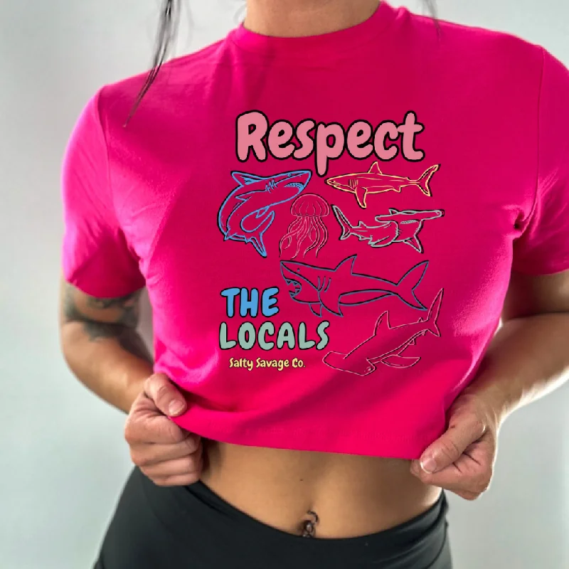 Salty Savage Ladies "Respect The Locals Shark" Performance Crop Tee Rayon Fabric Velvet Fabric Corduroy Fabric