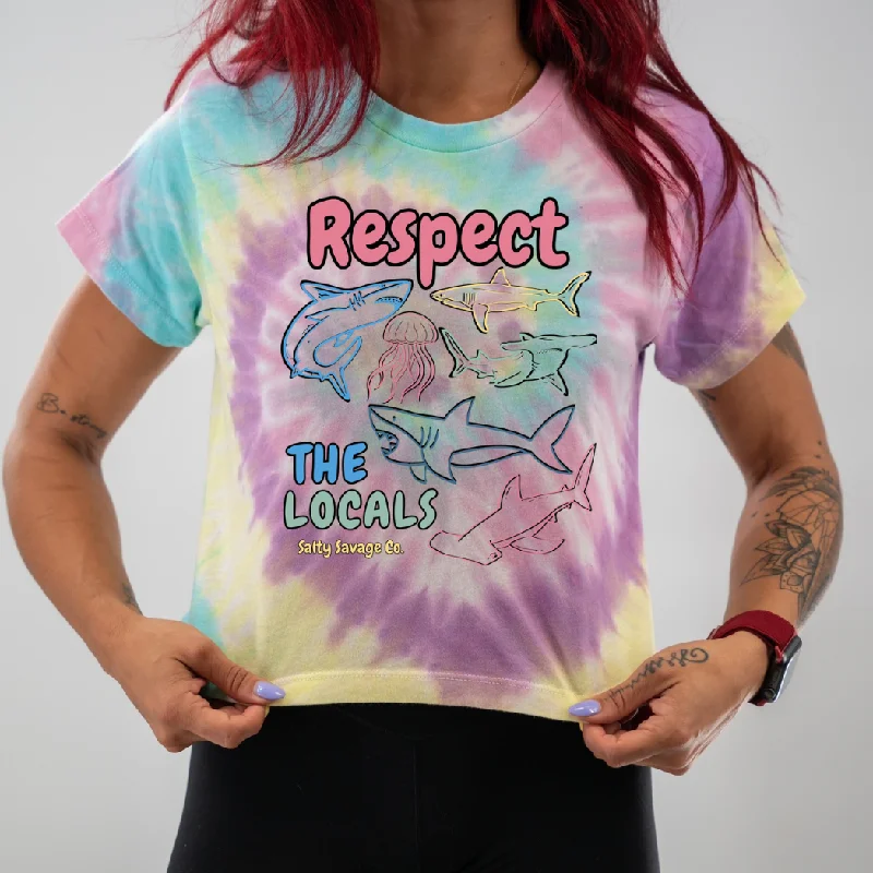 Salty Savage Ladies "Respect the Locals Shark" Spiral Tie Dye Crop Tee Solid Print Embellished