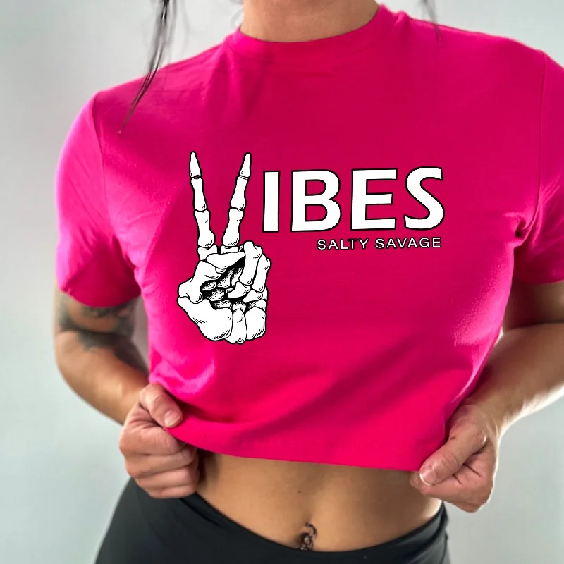 Salty Savage Ladies "Vibes" Performance Crop Tee Solid Color Striped Floral