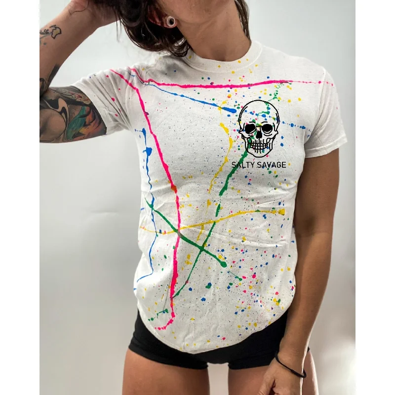 Salty Savage Unisex “Basic Skull” Paint Splatter Tee | Basic Zippered Front Buttoned Front Snap Front