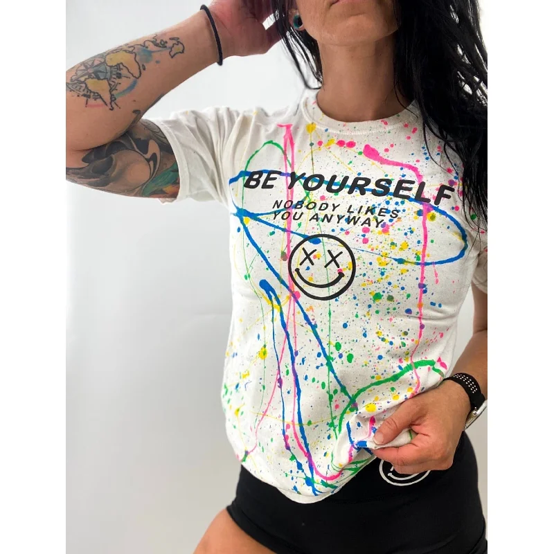 Salty Savage Unisex "Be Yourself, Nobody Likes You Anyway” Paint Splatter Tee Real Fur Shearling Chenille