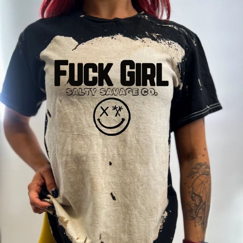 Salty Savage Unisex "FUCK GIRL" Bleached Tie Dye Crew Tee Houndstooth Herringbone Solid