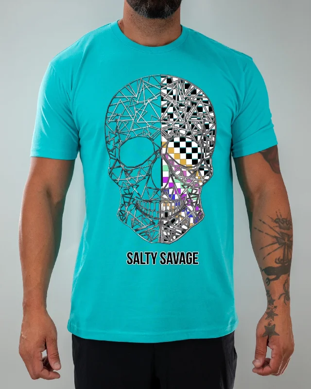 Salty Savage Unisex “Spliced Checkered Geo Skull” Tee | Multi-Colored Fleece Nylon Spandex