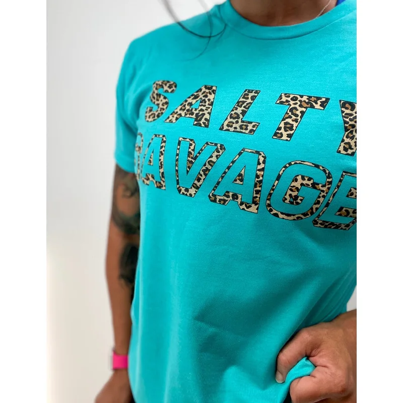 Salty Savage Unisex Leopard Print Logo Tee | Island Teal Denim Fabric Leather Fabric Suede Fabric