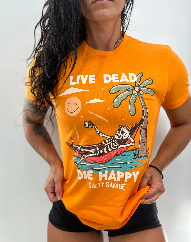 Salty Savage Unisex "Live Dead, Die Happy" Paradise Tee | Orange Fitted T-Shirt Seamless Stretchy