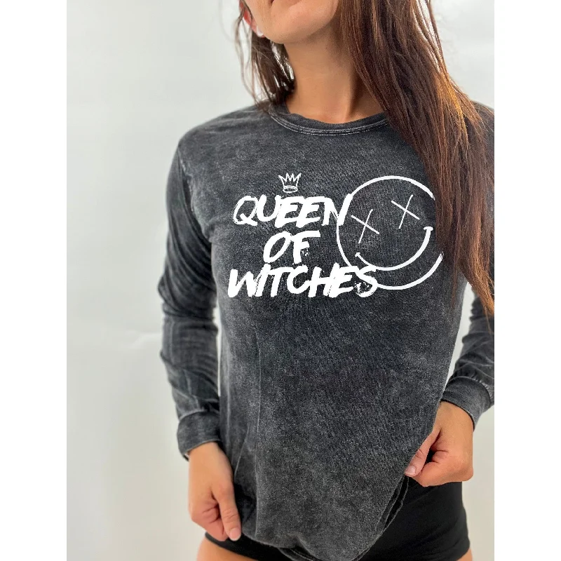 Salty Savage Unisex "Queen of Witches" Mineral Washed Long Sleeve Tee Fleece Nylon Spandex