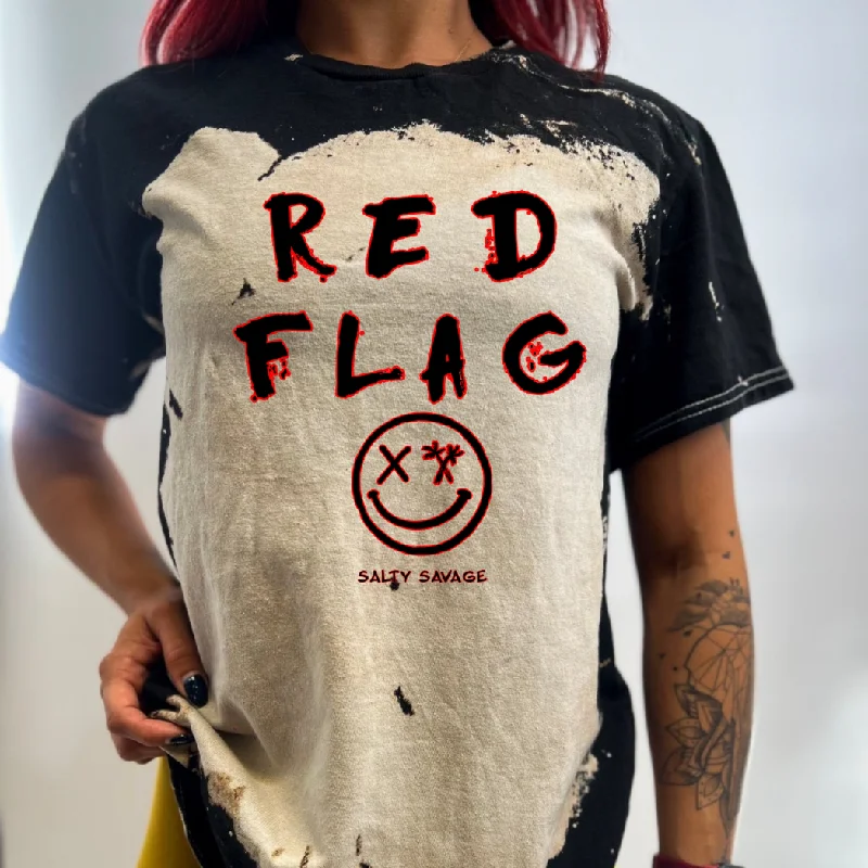 Salty Savage Unisex "RED FLAG" Bleached Tie Dye Crew Tee Fitted T-Shirt Seamless Stretchy