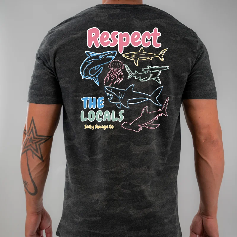 Salty Savage Unisex "Respect the Locals Shark" 100% Cotton Tee | V2 Striped Floral Plaid