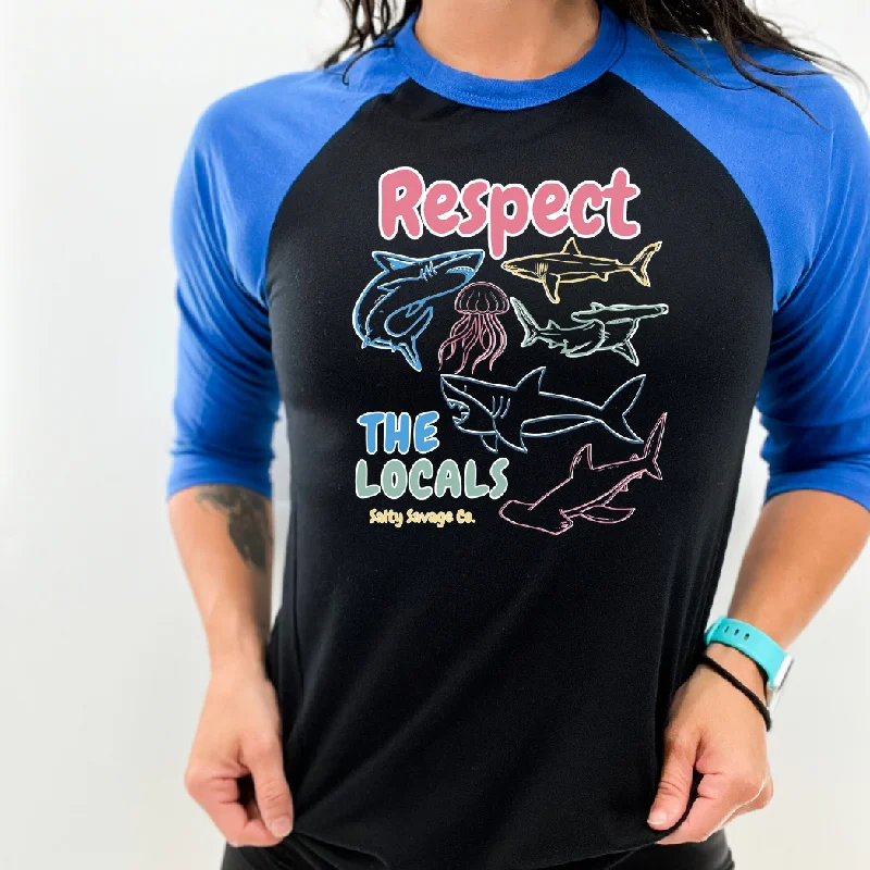 Salty Savage Unisex "Respect the Locals Shark" 3/4 Sleeve Baseball Tee Cotton Fabric Linen Fabric Terry Fabric