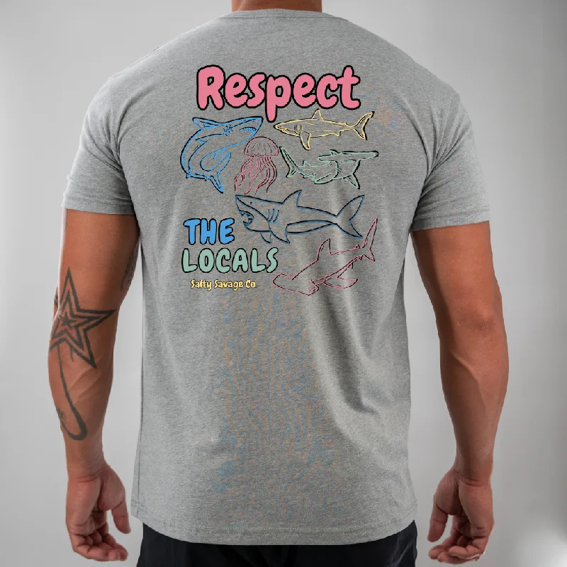 Salty Savage Unisex "Respect the Locals" Shark Tee | Business in the Front, Party in the Back Notch Collar Peter Pan Collar Cowl Neck