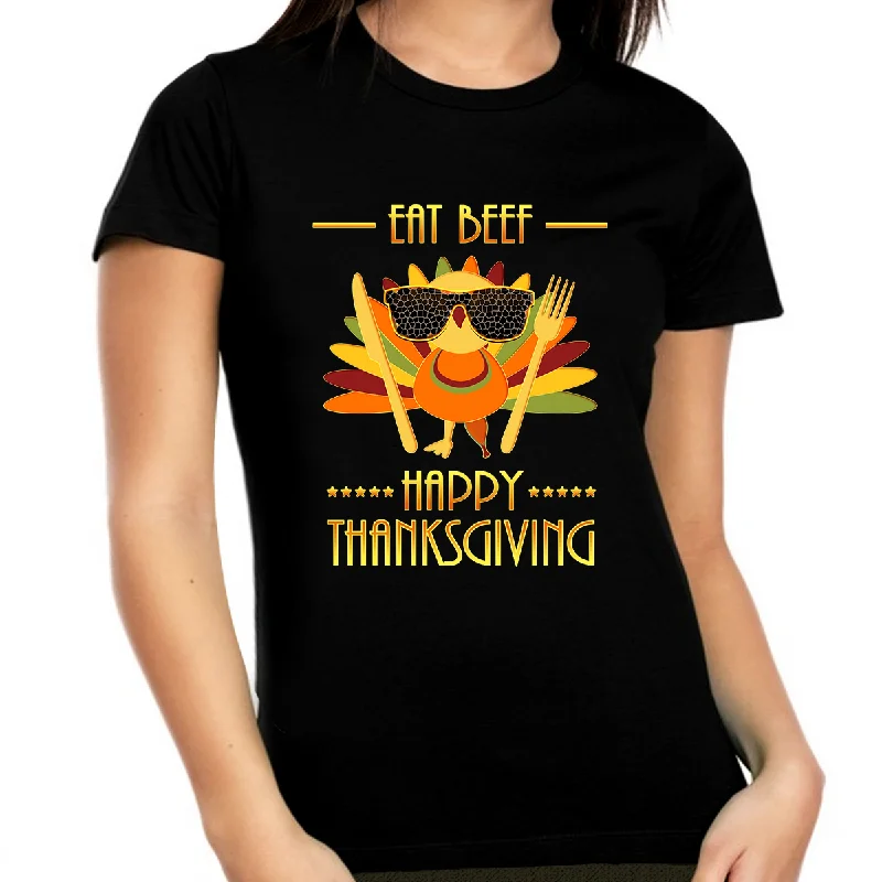 Thanksgiving Shirts for Women Plus Size 1X 2X 3X 4X 5X Funny Turkey Shirt Eat Beef Shirt for Thanksgiving Houndstooth Herringbone Solid