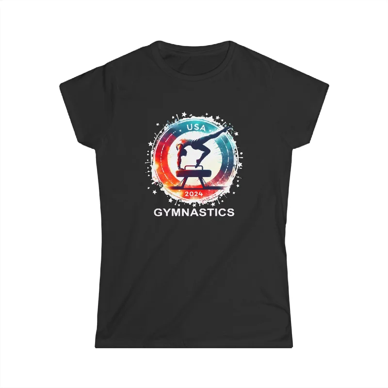 USA 2024 Games United States Sport 2024 USA Mens Gymnastics Womens T Shirts Solid Color Striped Floral