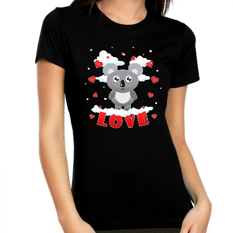 Valentine Shirts for Women Cute Koala Love Heart Valentine Shirt Valentines Day Gifts for Her Notch Collar Peter Pan Collar Cowl Neck